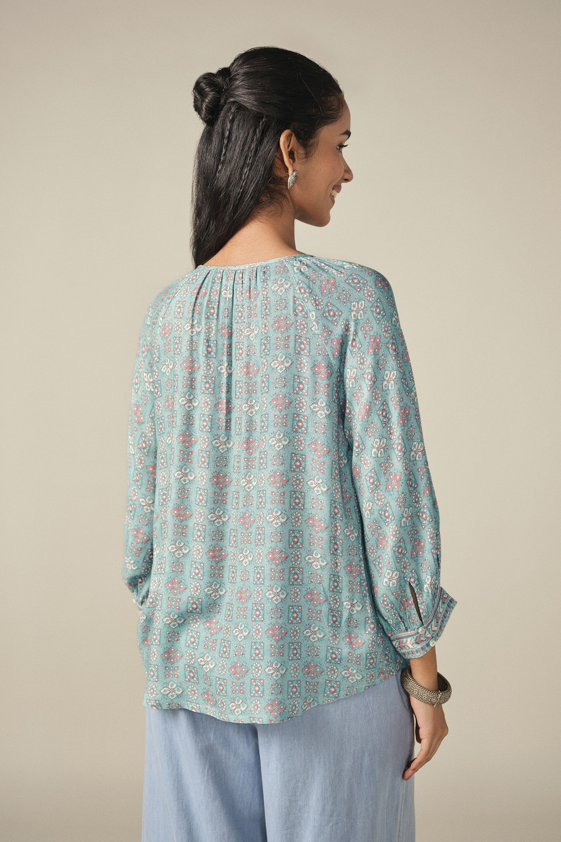 A-Line Printed Peasant Top in Teal, Teal, image 5